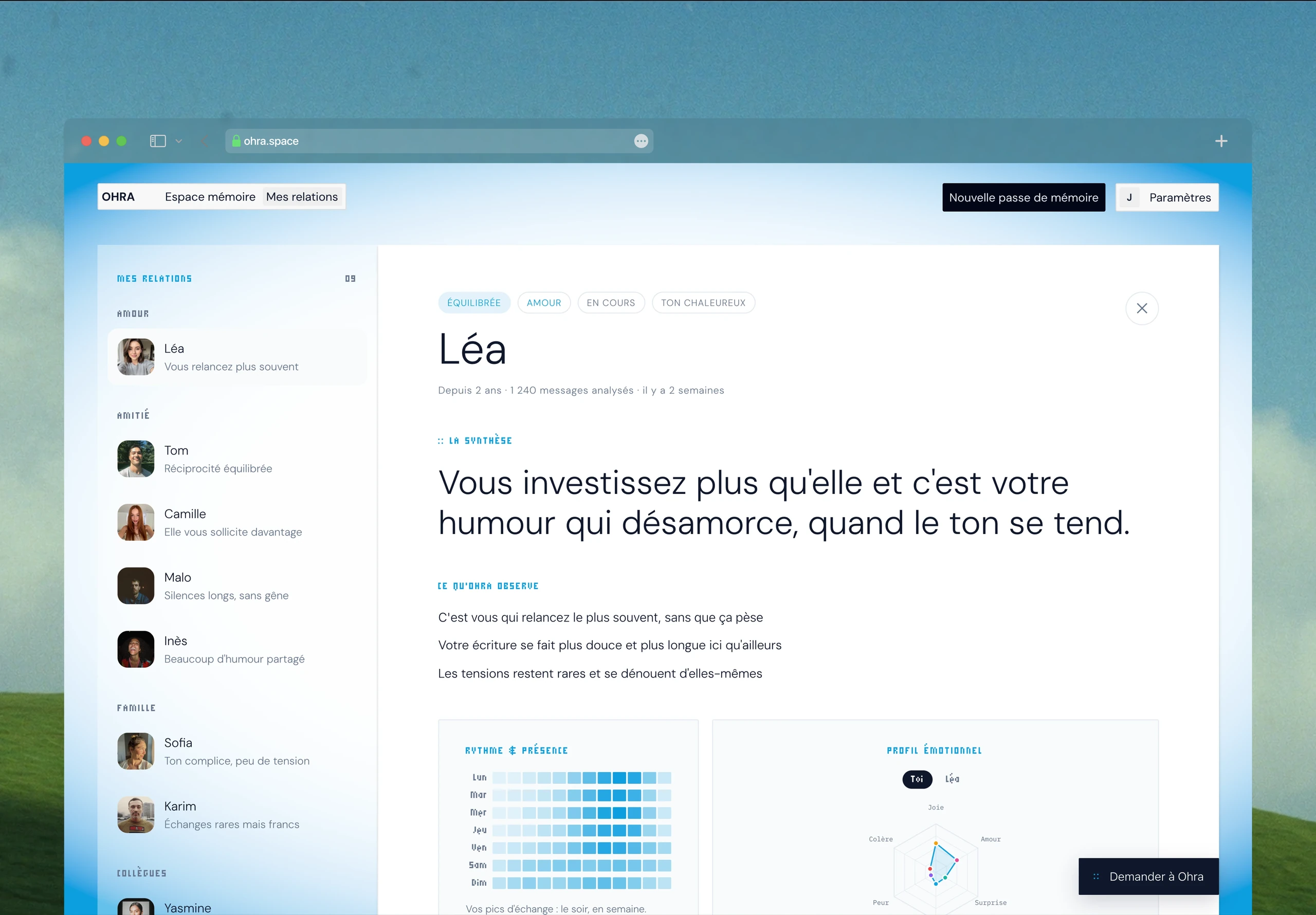 Aperçu d'Ohra sur ohra.space — l'espace mémoire d'une relation analysée : synthèse, rythme des échanges et profil émotionnel